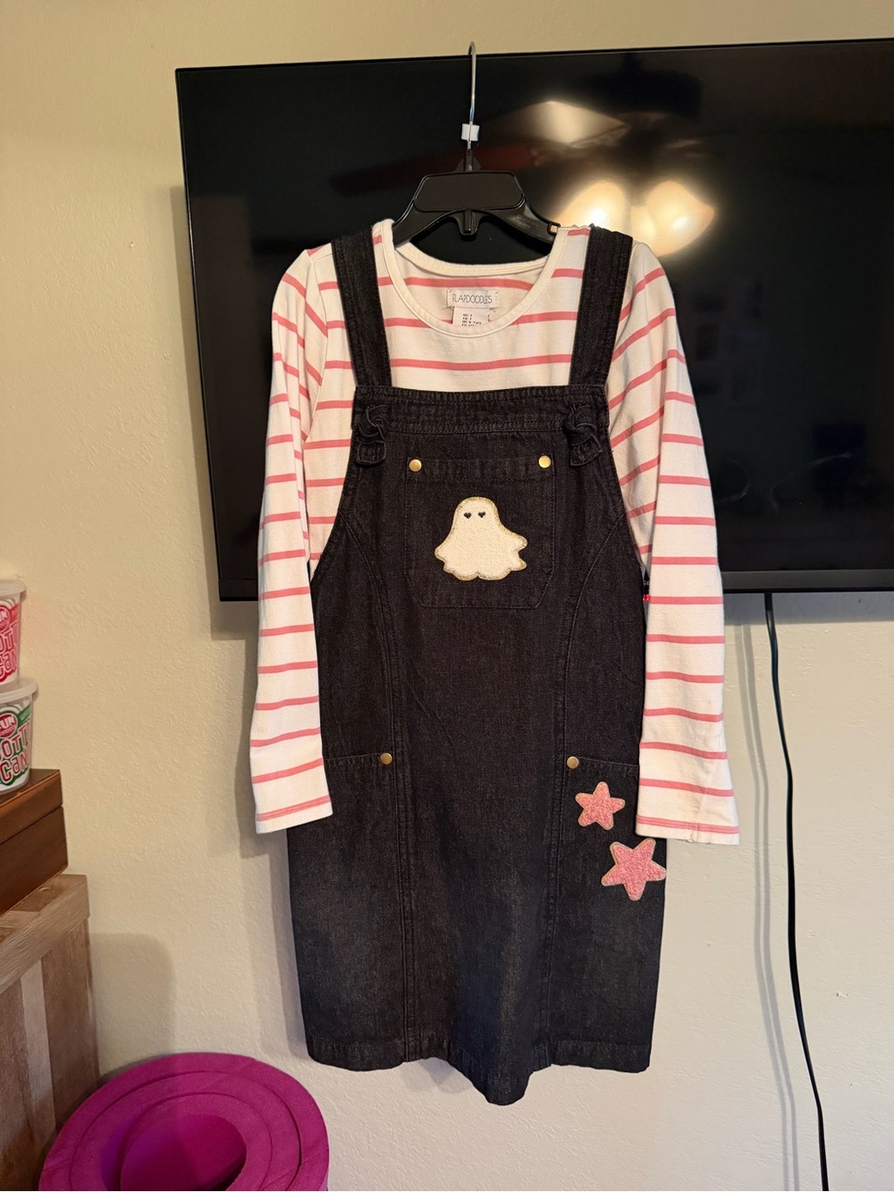 Flapdoodles Black Denim Overall Dress with Pink Star Accents